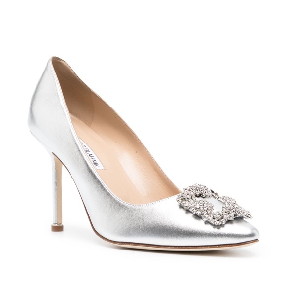 Manolo Blahnik Hangisi 90mm Silver Leather Crystal Buckle Pumps Size 41 - Picture 7 of 13